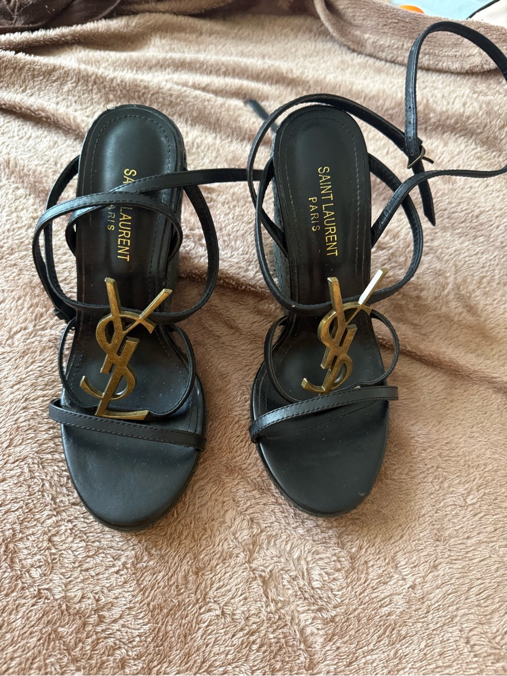 Saint Laurent YSL Cassandra Leather Wedge Espadrille Sandals Black Size 38